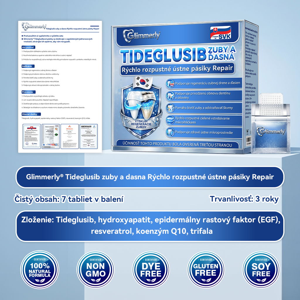 Guxar® Tideglusib ústne prúžky ✨ – aktivácia kmeňových buniek 🧬, regenerácia dentínu 💎, posilnenie skloviny ⚡, bielenie zubov ✨, zníženie citlivosti 💧, mikronáplasťové sérum na zuby a ďasná 💖, jemné každodenné používanie 🦷
